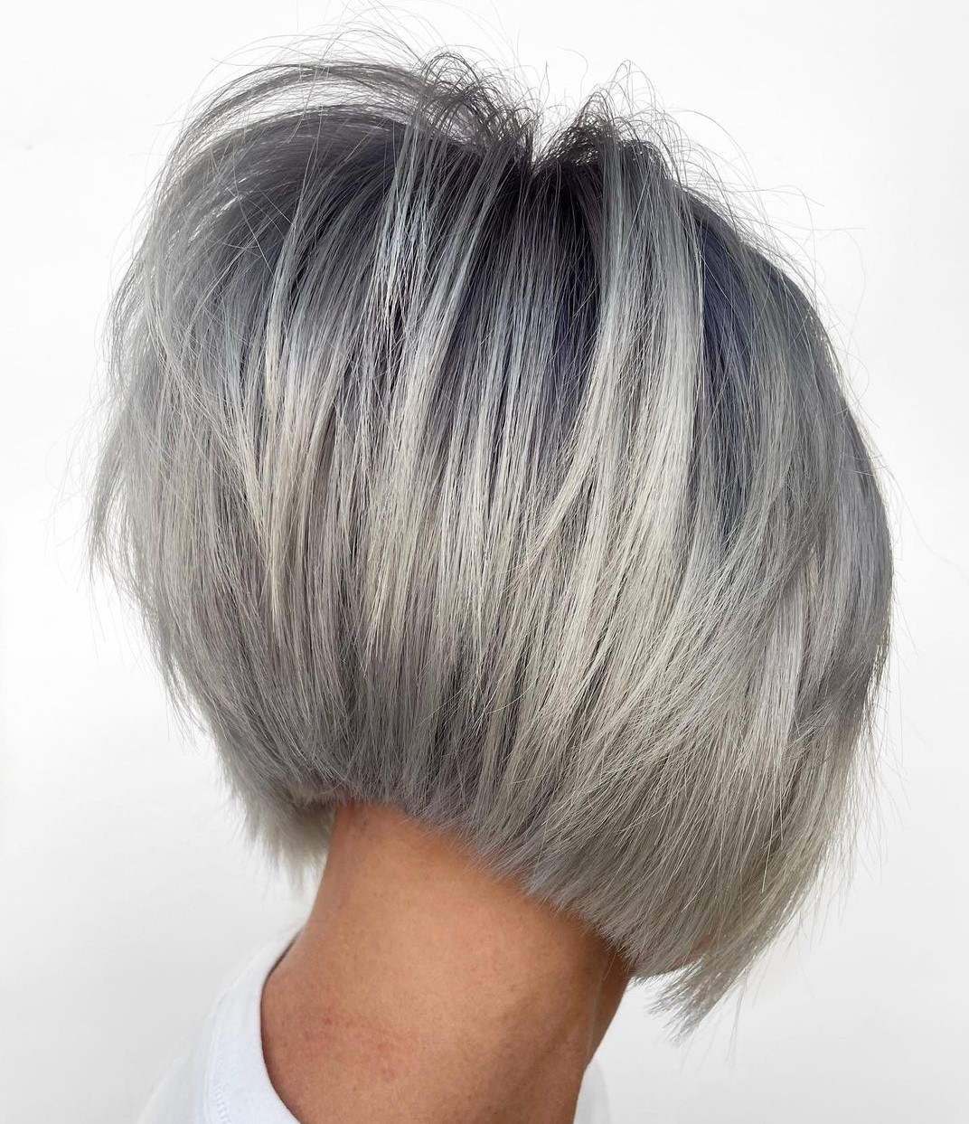 Shaggy Inverted Gray Bob with Black Roots